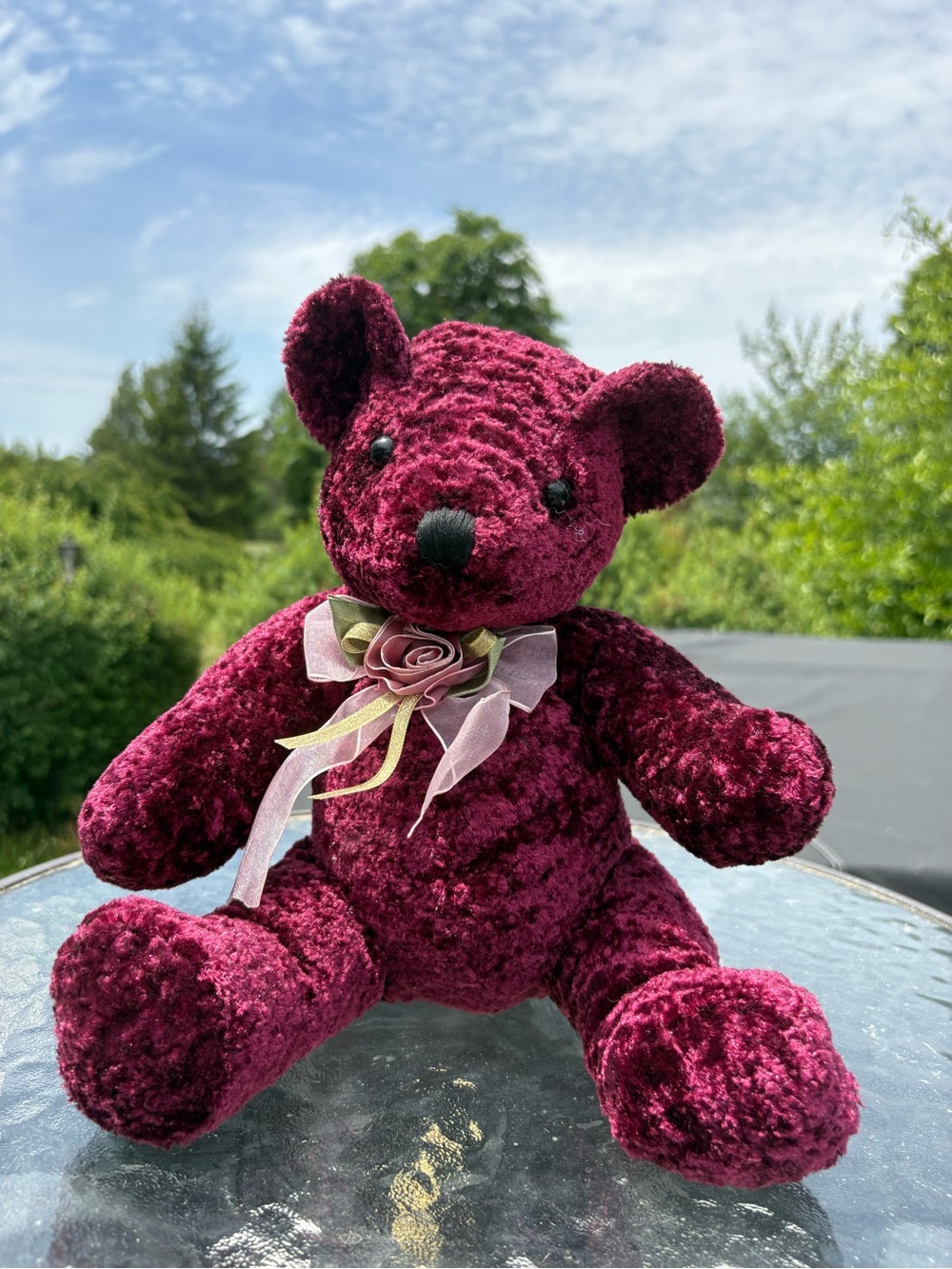 DanDee Plush Burgundy Velvet Teddy Bear with Ribbon Rose